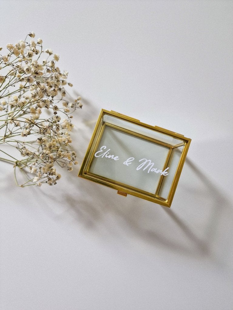 Glazen ringdoosje met namen, Ophalen of Verzenden, Nieuw, Overige typen, Geboorte of Huwelijk
