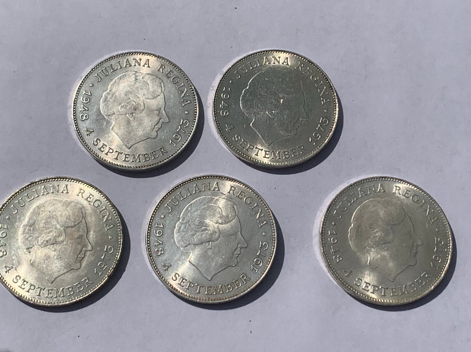 5 kwaliteit zilveren tientjes juliana 1973, Postzegels en Munten, Munten | Nederland, Ophalen of Verzenden, Koningin Juliana, 10 gulden