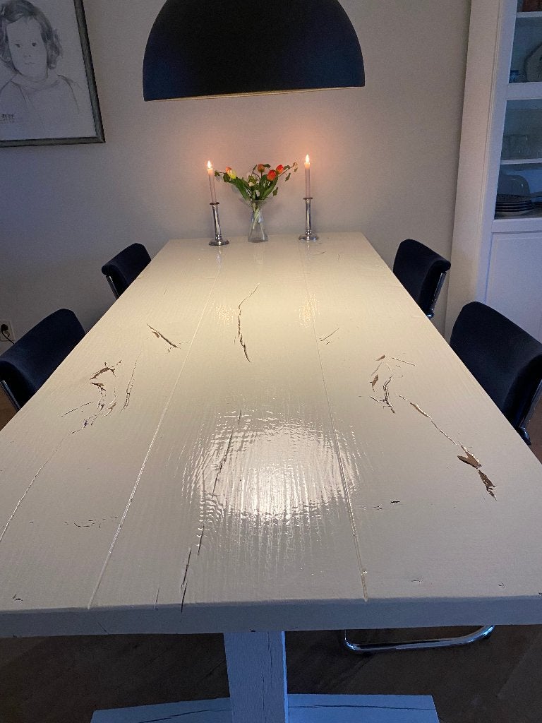 massief houten grote langwerpige eettafel, Ophalen, Gebruikt, Eikenhout, 200 cm of meer