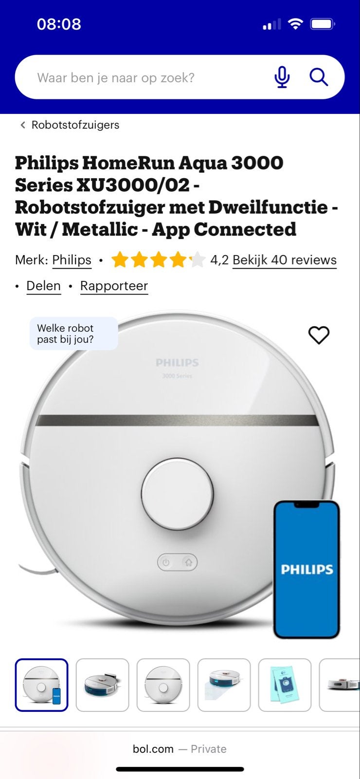 Philips HomeRun Aqua 3000 Robotstofzuiger met Dweilfunctie, Philips, Ophalen of Verzenden, Zo goed als nieuw, Robotstofzuiger