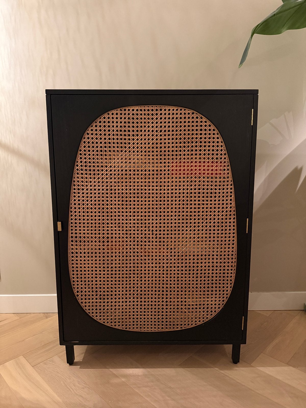 HKliving zwarte opbergkast met rotan webbing – 85 x 123 cm, Ophalen, Gebruikt