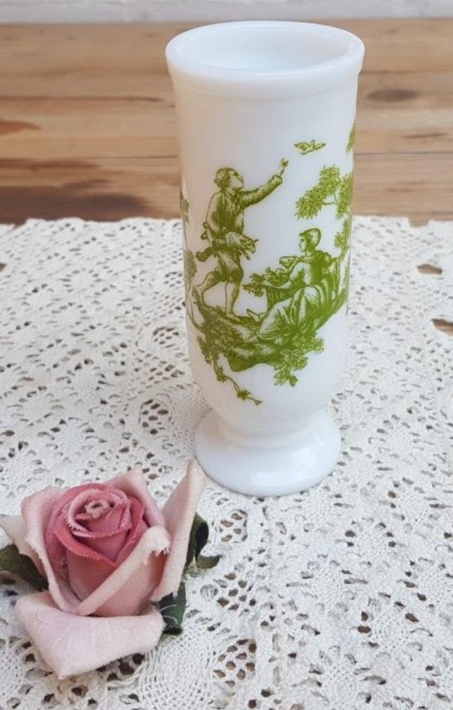 Frans wit opaline vaasje, groene toile de Jouy, schaapjes, Antiek en Kunst, Ophalen of Verzenden