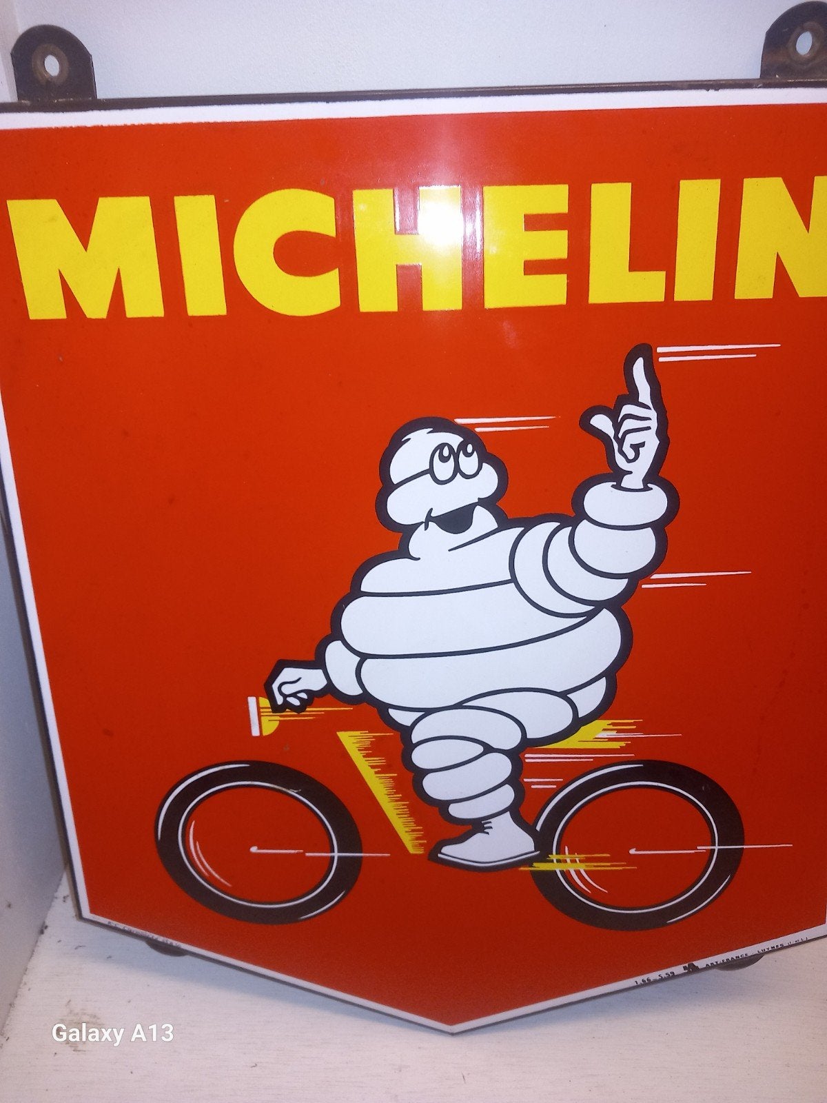 Vintage Michelin Emaille Reclamebord - Bibendum op Fiets, Ophalen of Verzenden