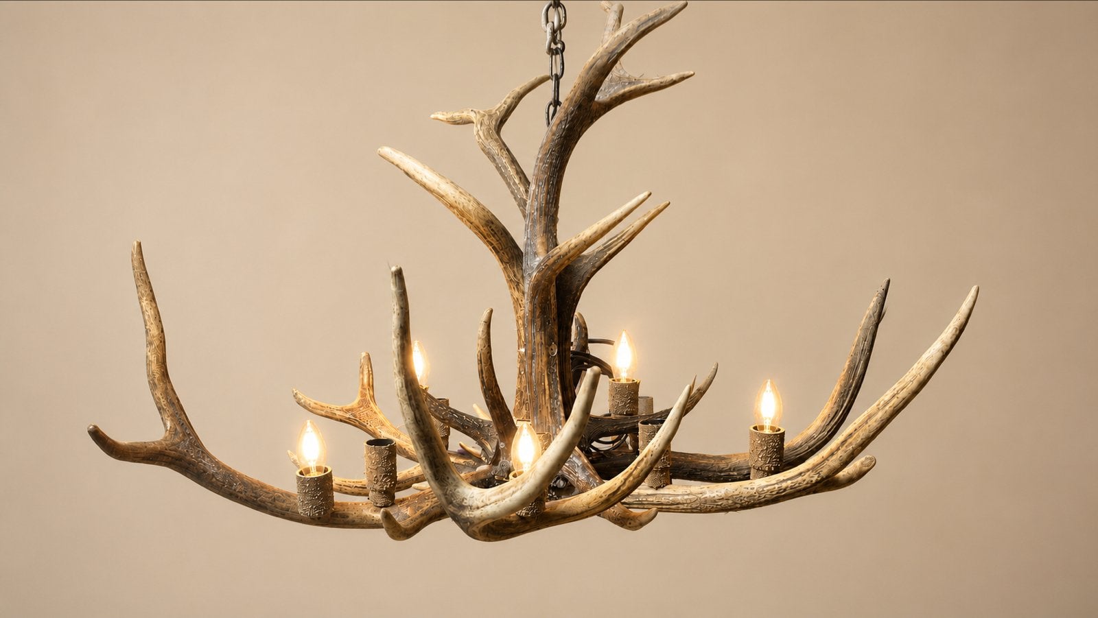 Unieke Kroonluchter van Echte Geweien - Rustiek & Elegant, Natuurlijk materiaal, E14 (klein), Nieuw, LM Lighting