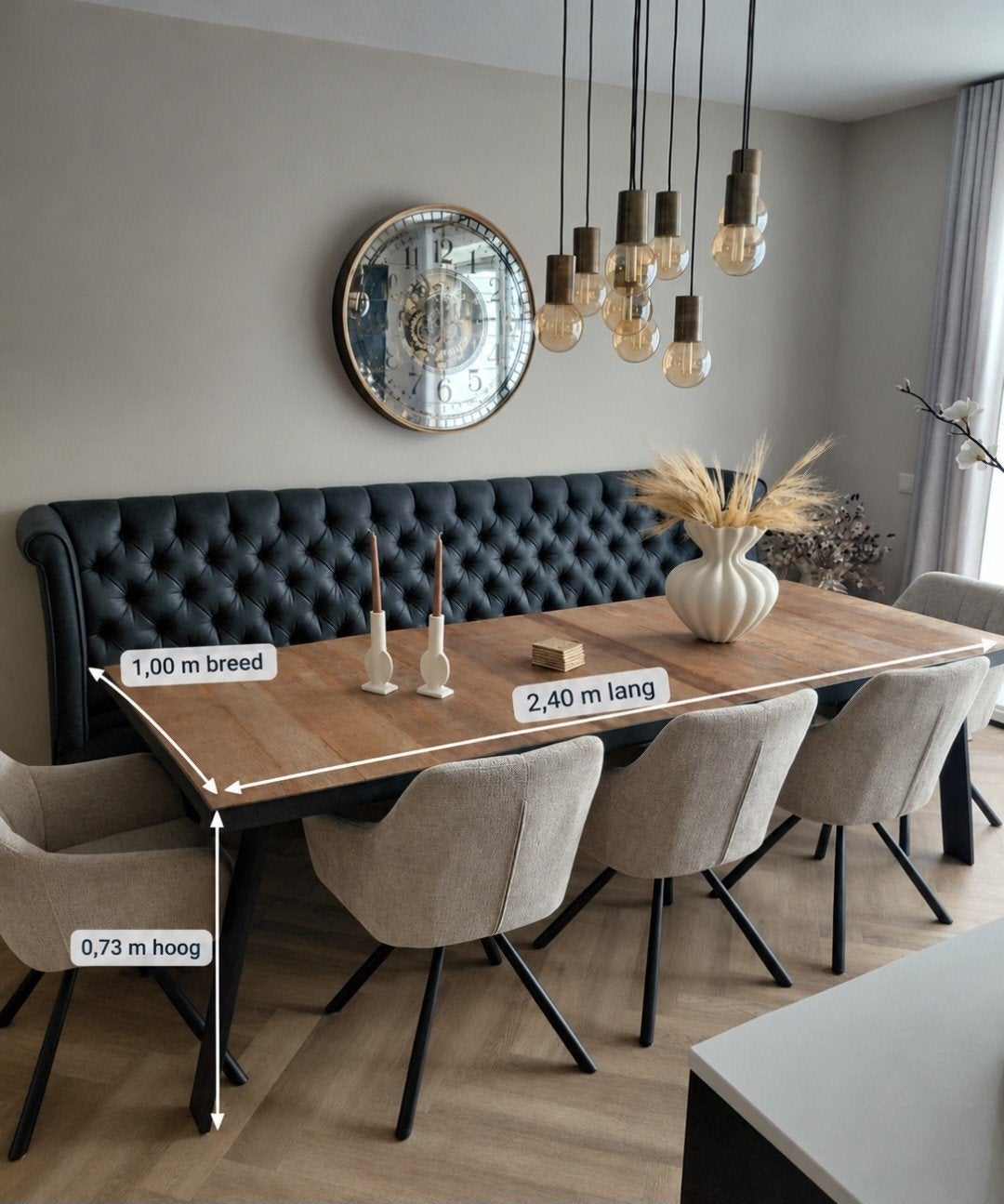 Elegante eettafel (met bank) - Zwart/Hout, 100 tot 150 cm, 200 cm of meer, Zo goed als nieuw, Vijf personen of meer