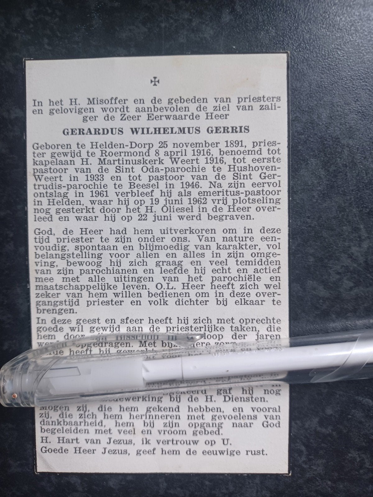Bidprentje priester Gerardus Gerris 1891 1962, Ophalen of Verzenden, Bidprentje