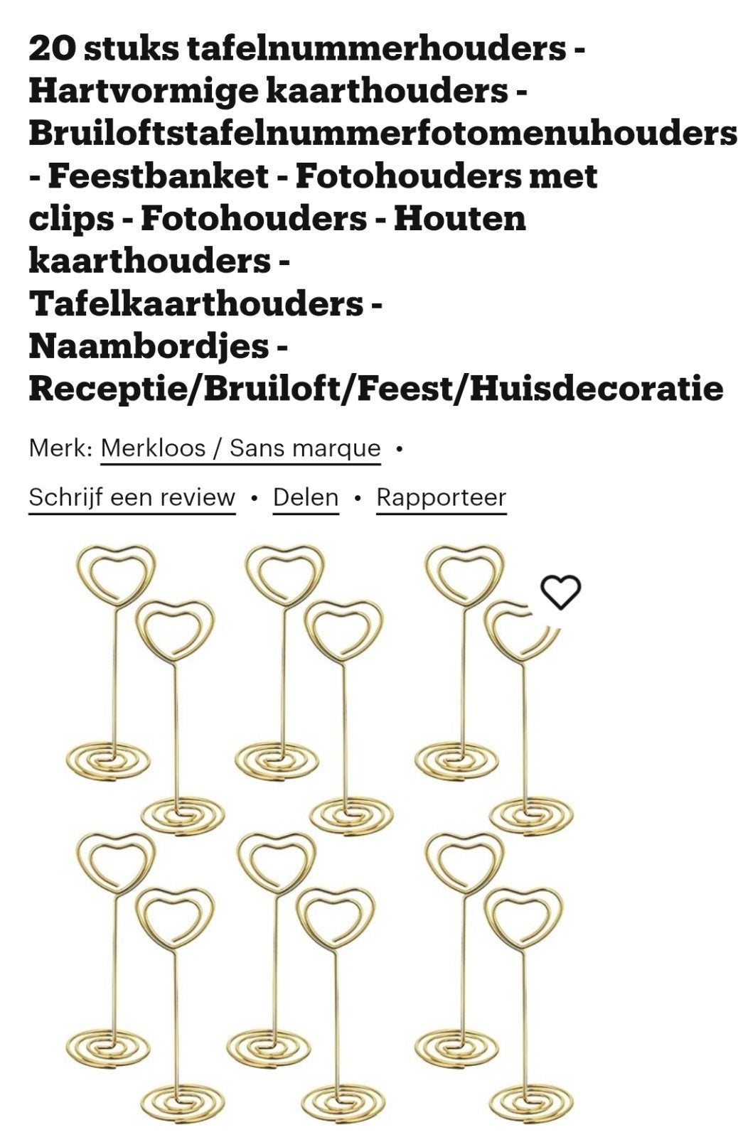 Hartvormige Kaarthouders - Goudkleurig - 20 Stuks, Nieuw, Ophalen of Verzenden, Goud, Metaal