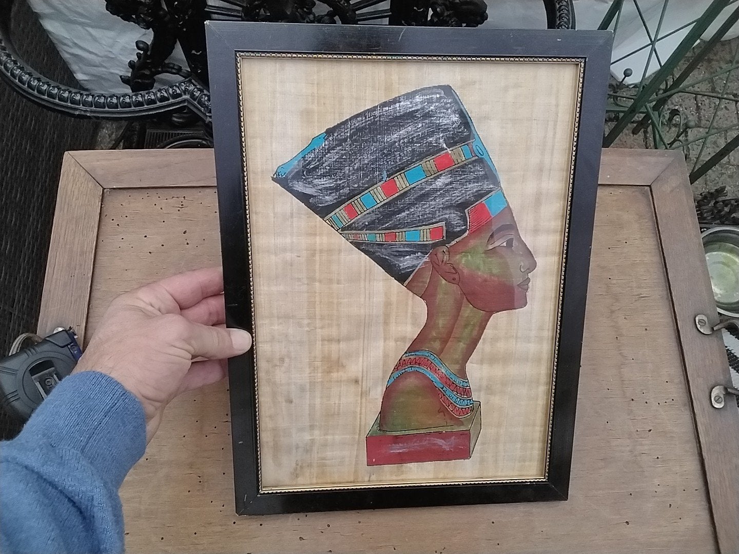 Ingelijste Nefertiti papyrus schildering (38x28,5 cm), Ophalen of Verzenden