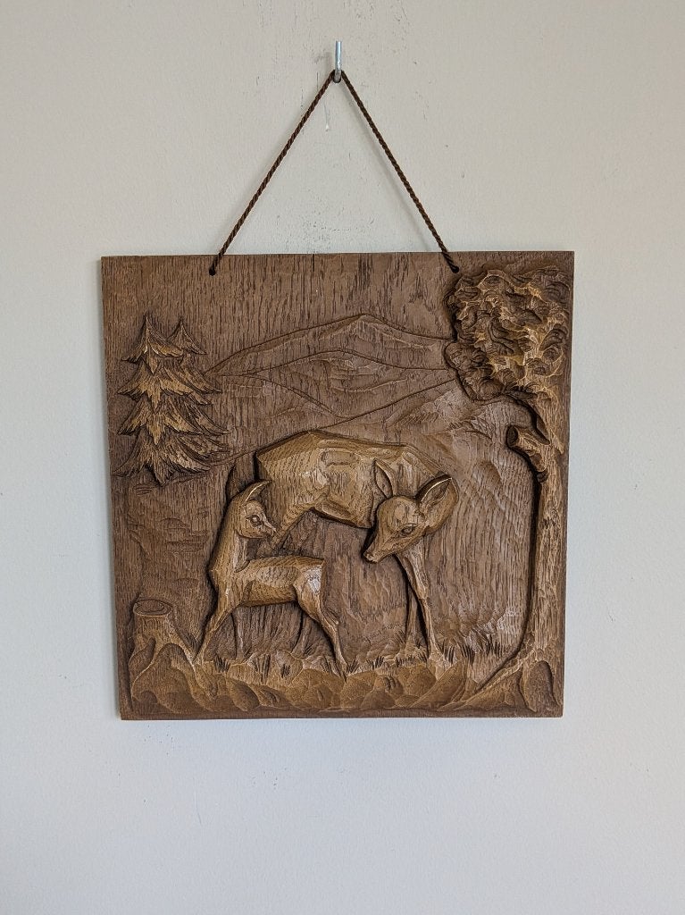 Vintage houten wanddecoratie met ree hert Handgesneden, Houtsnijwerk, Ophalen of Verzenden, 20 - 50 cm, Hout