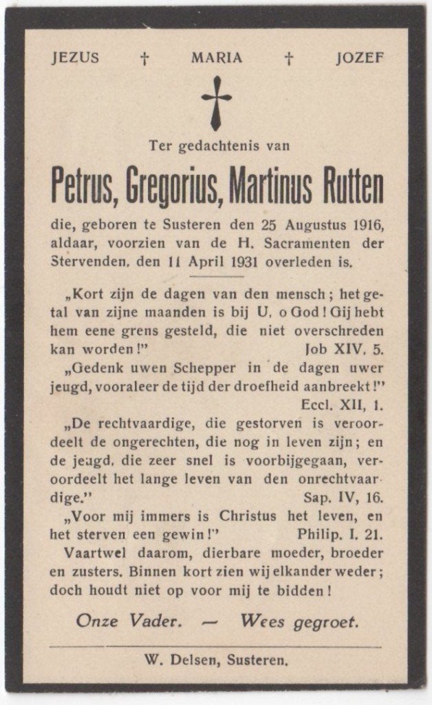 Petrus G.M. Rutten 1916 Susteren + 1931 Susteren, 14 jr oud, Verzenden