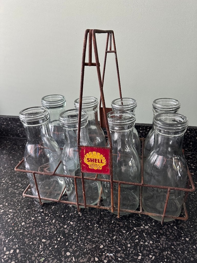 Mooi SHELL olieflessen mandje glas oliefles bottle olie fles, Ophalen of Verzenden, Gebruikt, Gebruiksvoorwerp