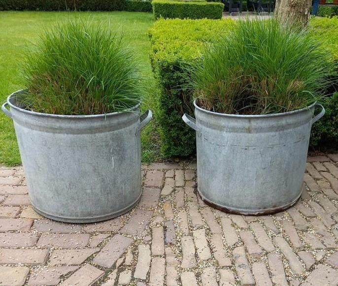 Grote Zinken Kuipen met Gras - Tuin/Balkon Decoratie, Ophalen, Gebruikt, Rond, Balkon