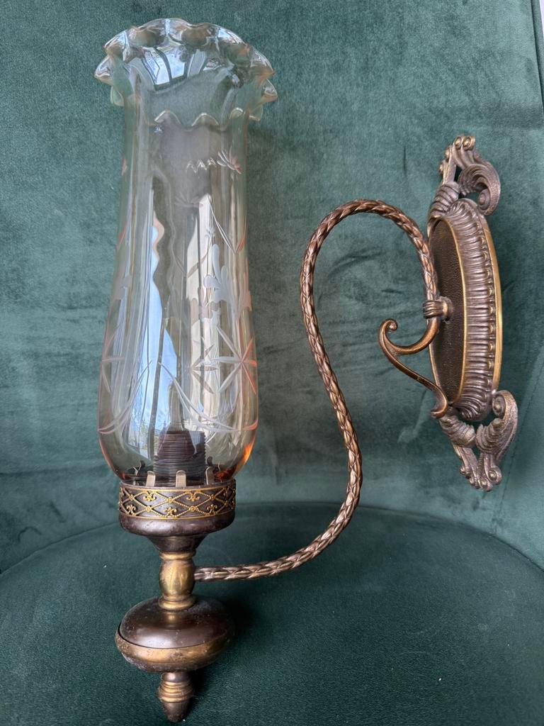 Prachtige Antieke Wandlamp - Brons & Geëtst Glas, Antiek en Kunst, Antiek | Porselein, Ophalen of Verzenden