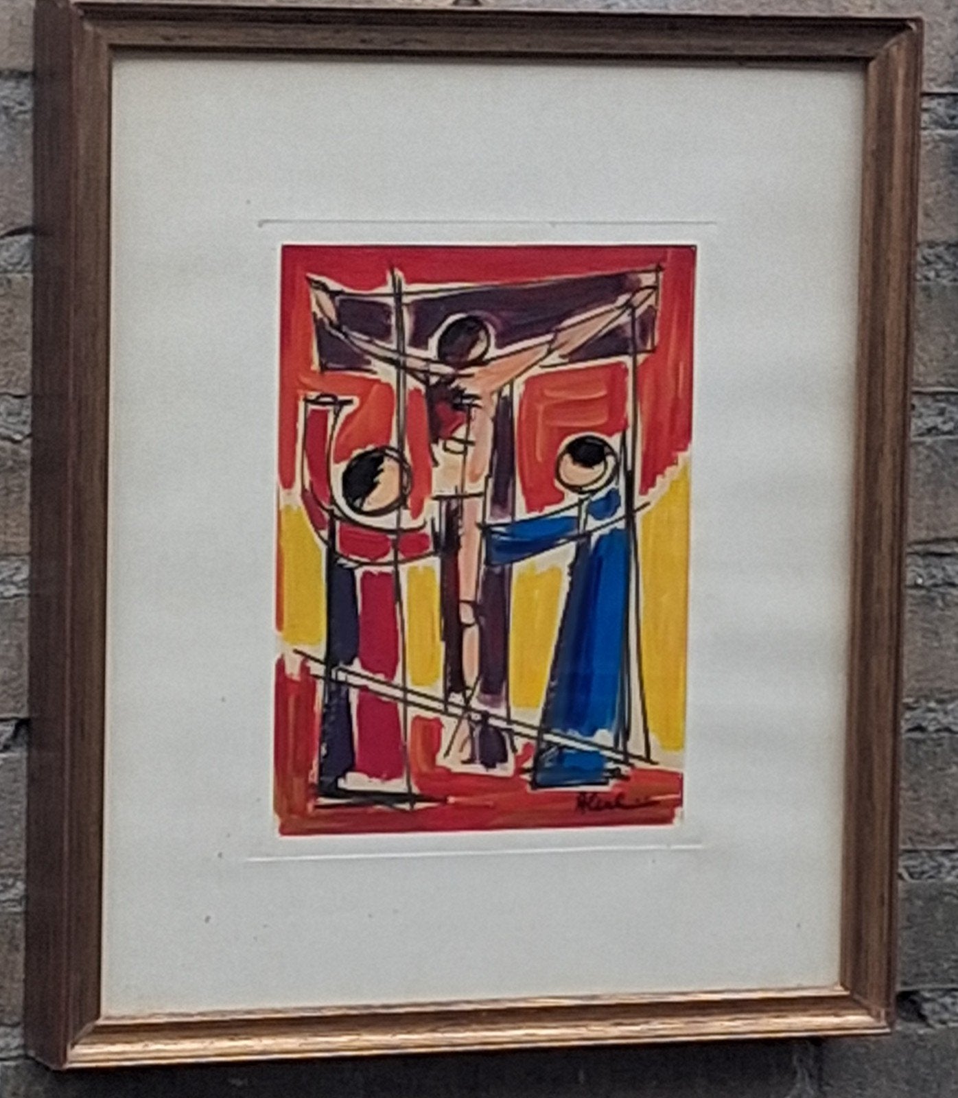 Crucifix Jezus. Abstract surrealisme. Sign. 37/43 cm., Ophalen, Abstract, Acrylverf, Papier/karton
