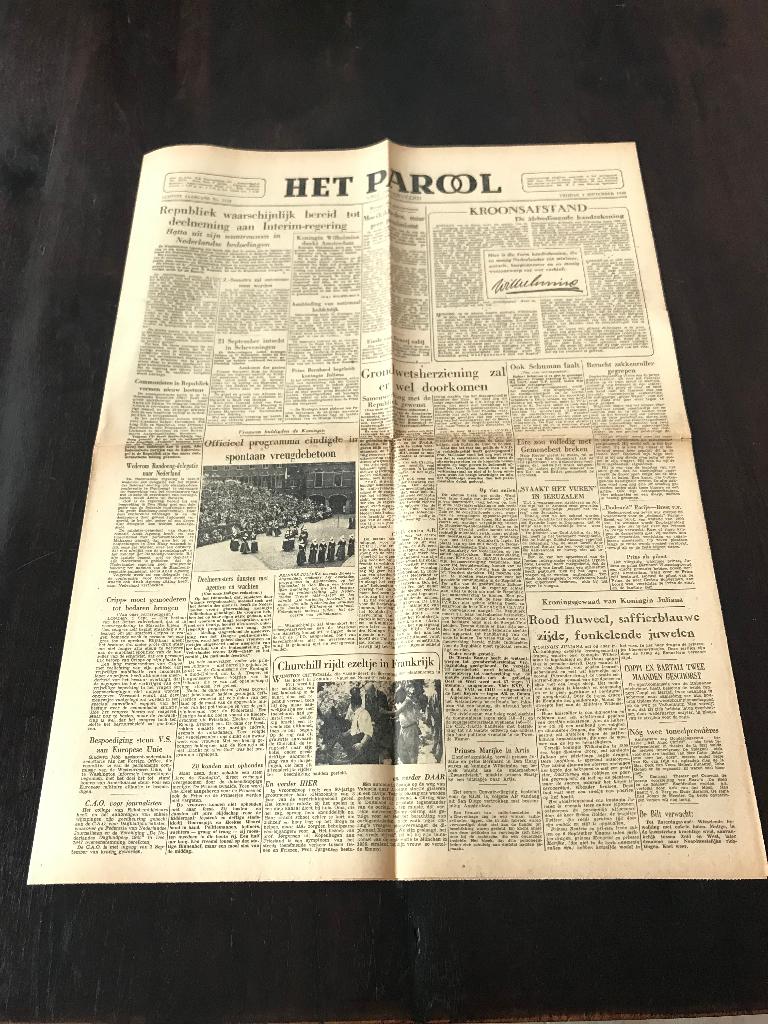 Het Parool 25 augustus 1948 Vliegtuig in Valkenburg pletter, Ophalen of Verzenden, 1940 tot 1960, Krant