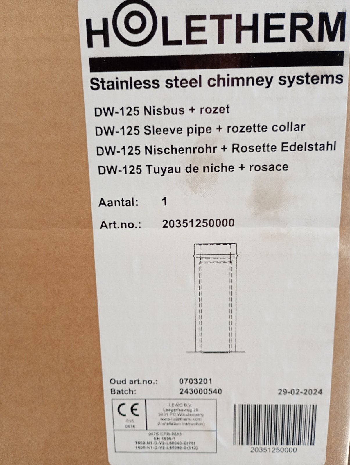 HOLETHERM DW-125 Nisbus + rozet RVS Schoorsteensysteem, Ophalen of Verzenden, Nieuw, Overige typen
