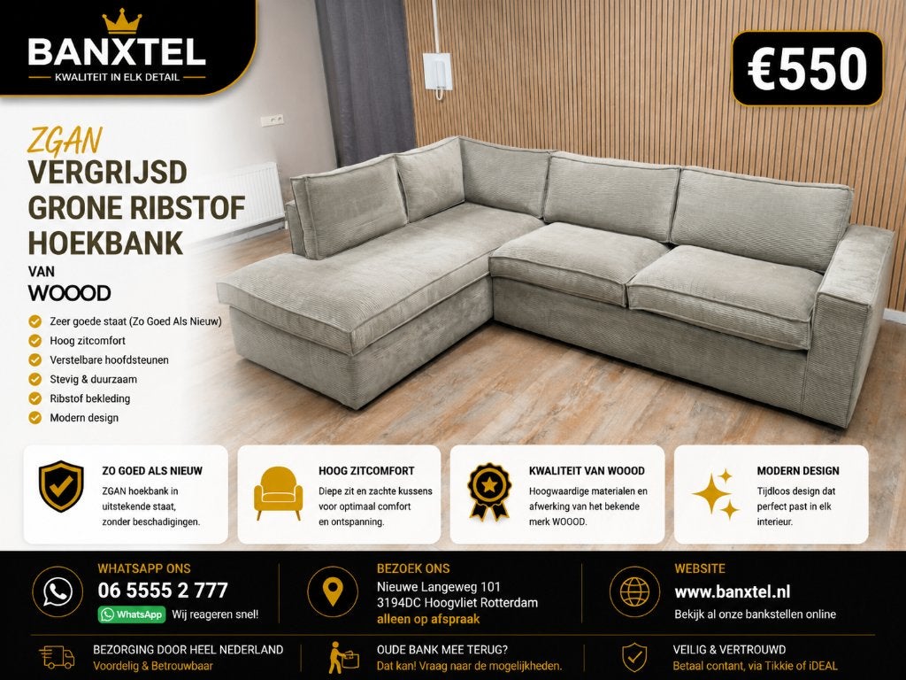 Z.G.A.N Vergrijsd Groene Ribstof Hoekbank van WOOOD, Info@banxtel.nl, Ribstof Hoekbank, Verzenden, Hoekbank