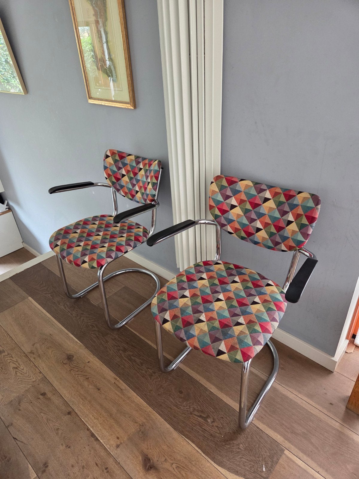 Set van 2 vintage stoelen met kleurrijke bekleding, Ophalen, Gebruikt, Twee, Overige kleuren