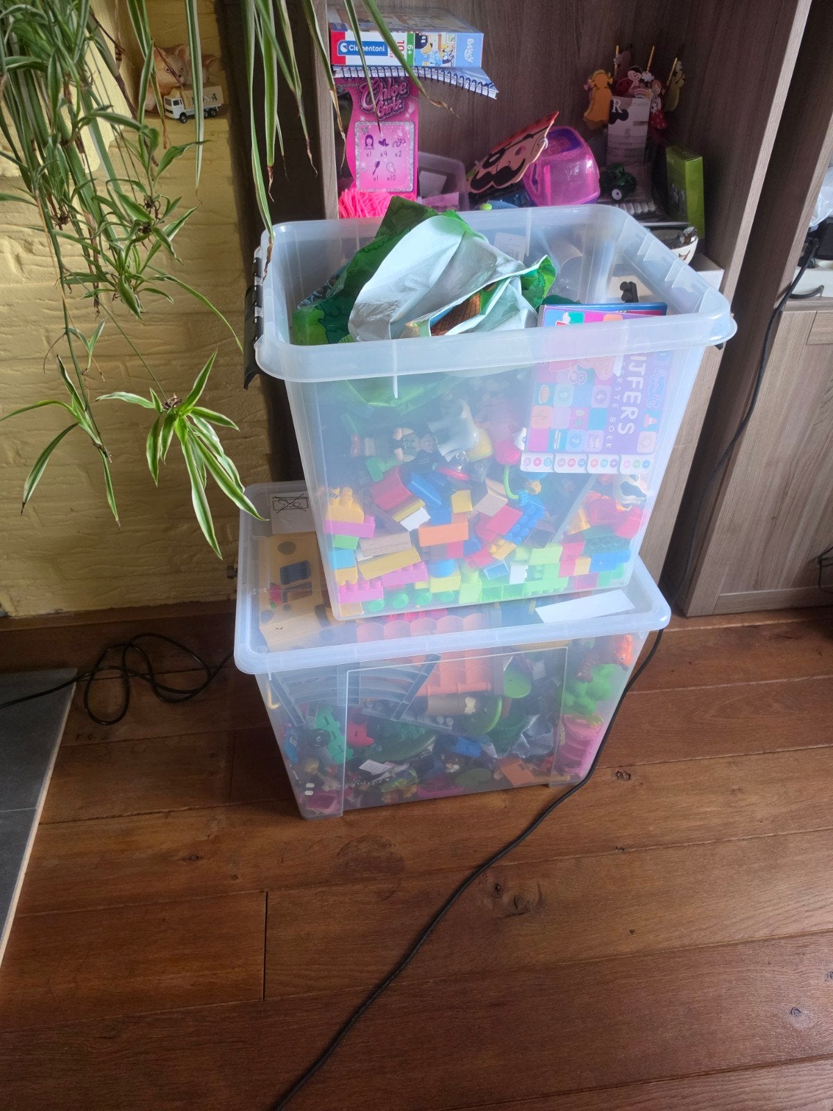 2 bakken vol met Duplo blokken, dieren en 2 boeken, Ophalen, Gebruikt, Inclusief extra onderdelen, Duplo
