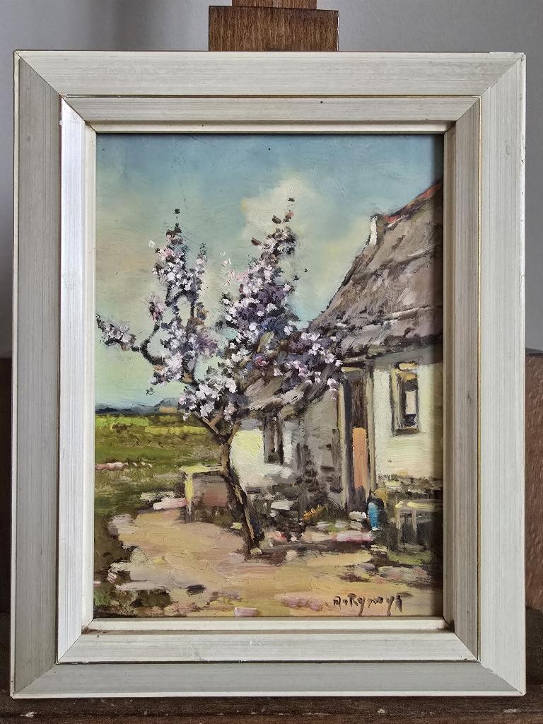 Vintage Schilderij 'Boerderij met Bloesem' – A. van Rijswijk, Antiek en Kunst, Ophalen of Verzenden