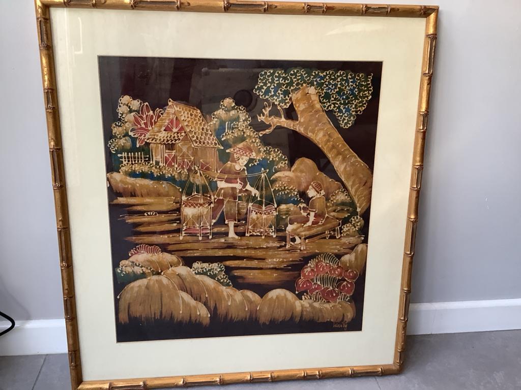 Vintage Aziatische Batik Kunst in Bamboe Lijst, Ophalen