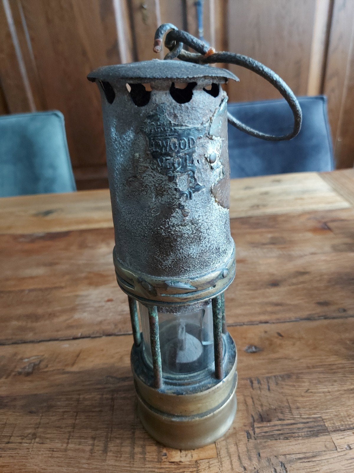 Antieke mijnwerkerslamp - Wood & Veol, Antiek en Kunst, Ophalen of Verzenden
