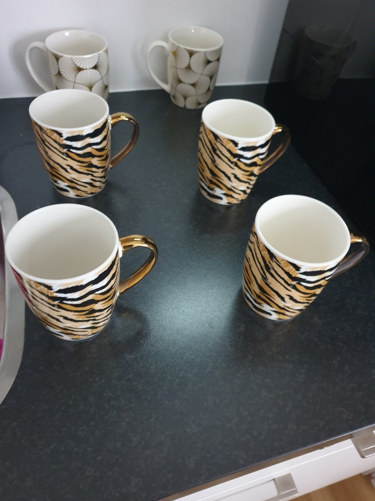 Set van 4 tijgerprint mokken met gouden oor, Ophalen, Keramiek, Nieuw, Overige stijlen