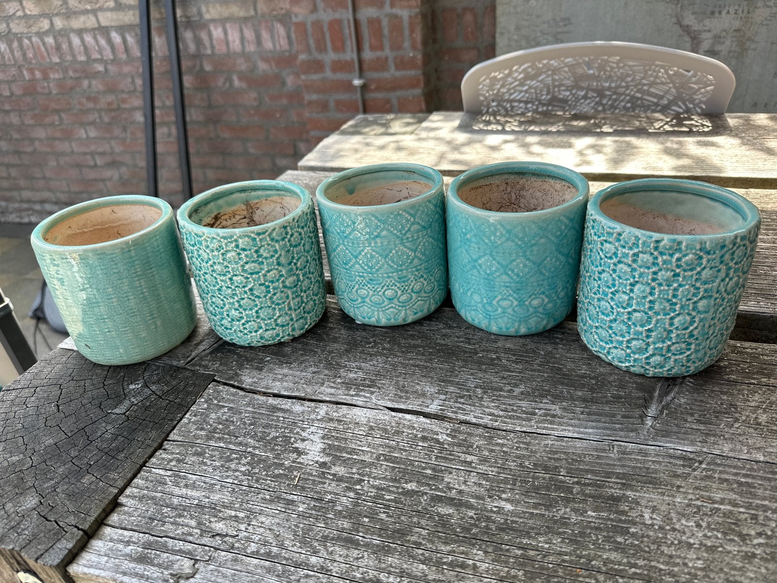 Set van 5 turquoise bloempotten met patroon, Ophalen, Gebruikt, Rond, Binnen