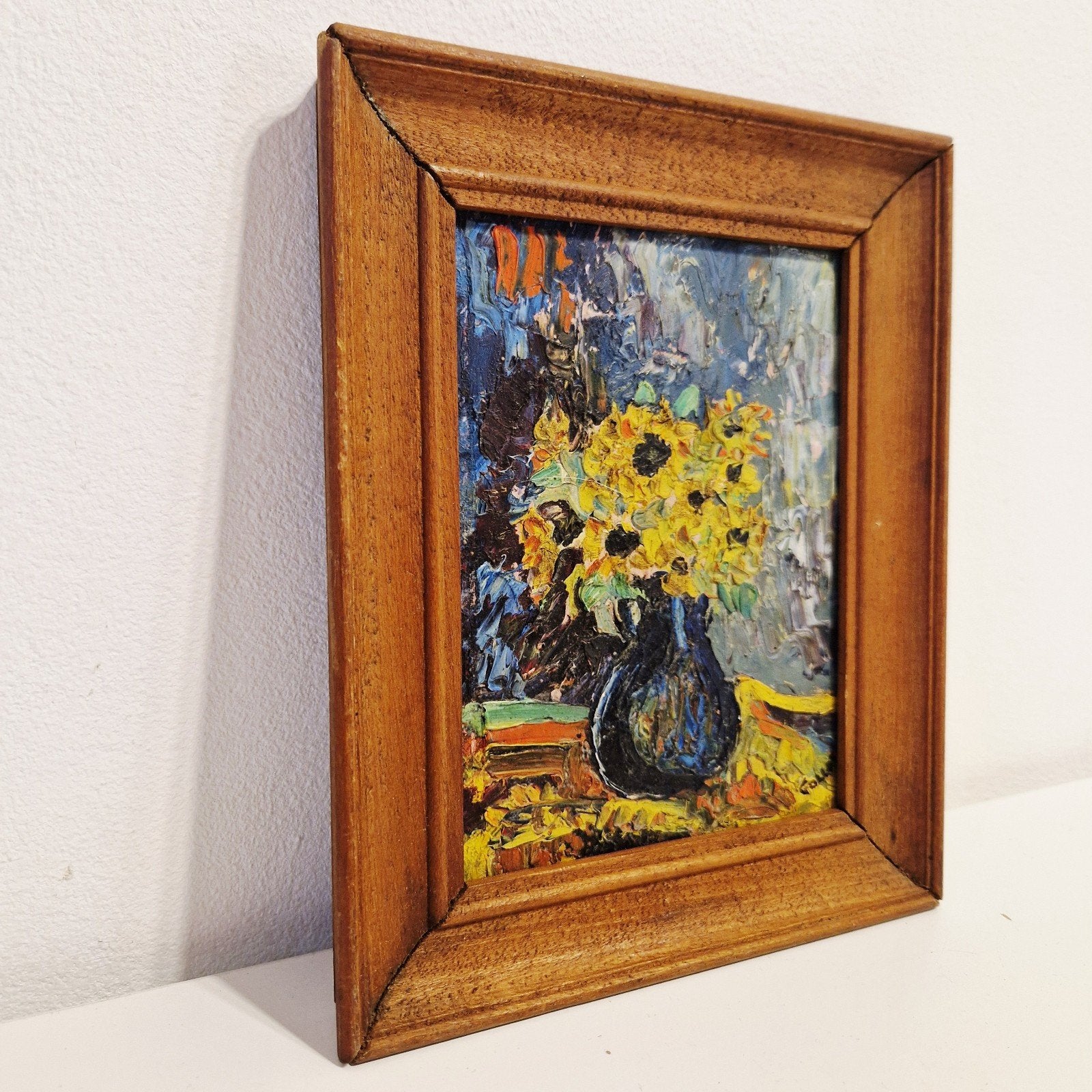 oud Gesigneerd olieverf schilderij zonnebloemen op karton, Bloemen, Overige ondergronden, Ophalen of Verzenden, Handgeschilderd