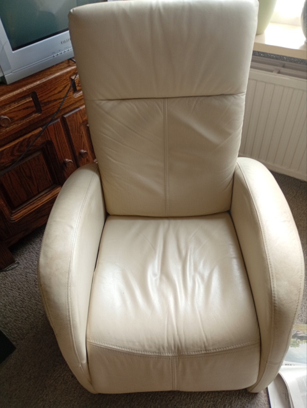 Witte leren fauteuil, Huis en Inrichting, Fauteuils, Ophalen, Gebruikt, 50 tot 75 cm, Leer