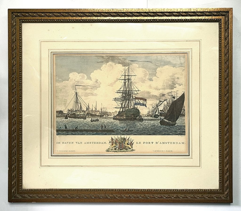 Fraaie prent De haven van Amsterdam in mooi gestoken lijst, Ophalen of Verzenden
