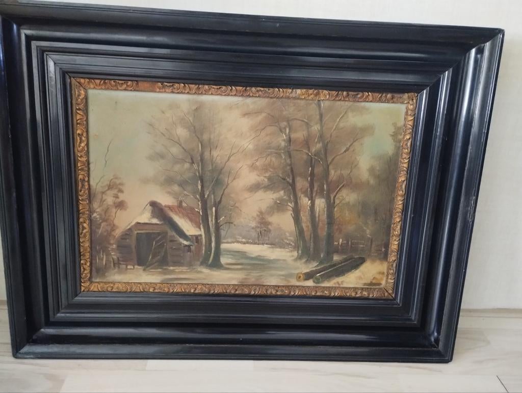Schilderij: Winterlandschap met huisje en bomen, 60 x 80 cm, Ophalen of Verzenden
