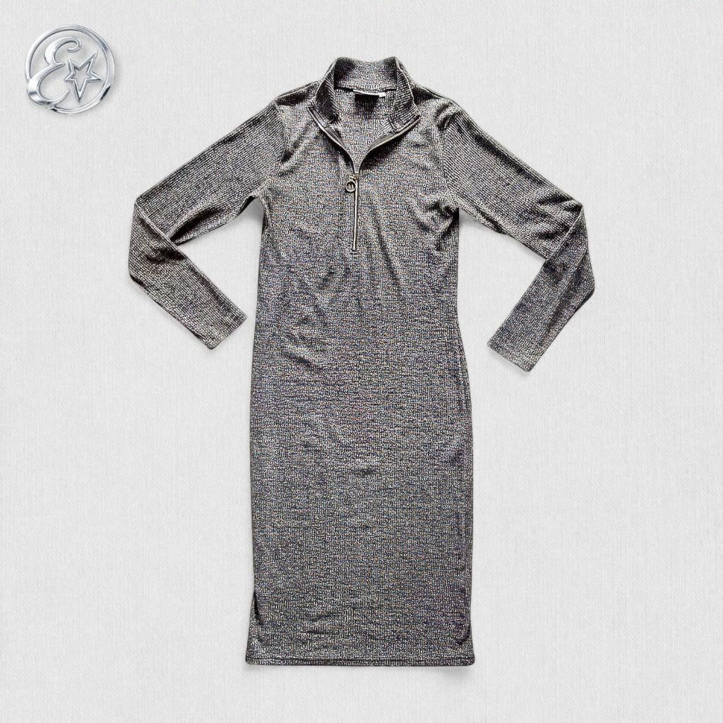 Aansluitende grijs gemêleerde jurk met ritsje, Kleding | Dames, Jurken, Zo goed als nieuw, Maat 42/44 (L), Grijs, Knielengte, Verzenden