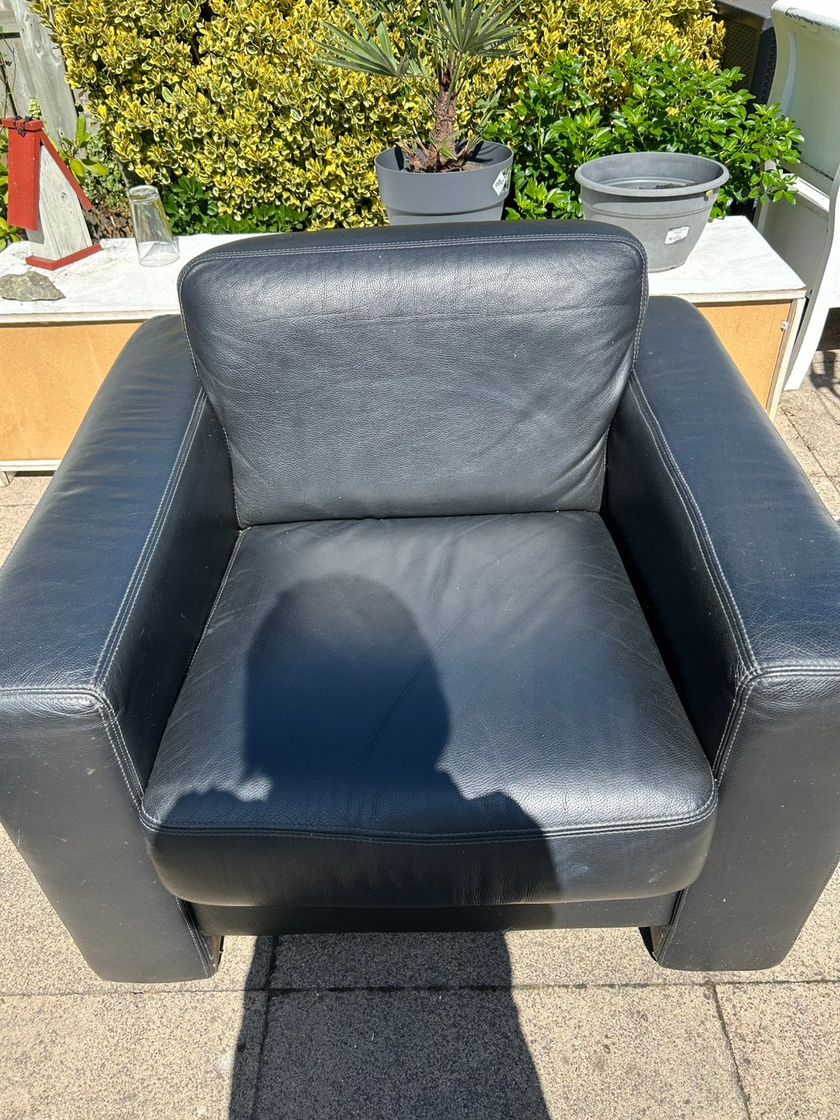 Zwarte leer Fauteuil, Huis en Inrichting, Fauteuils, Ophalen, Gebruikt, 75 tot 100 cm, Leer