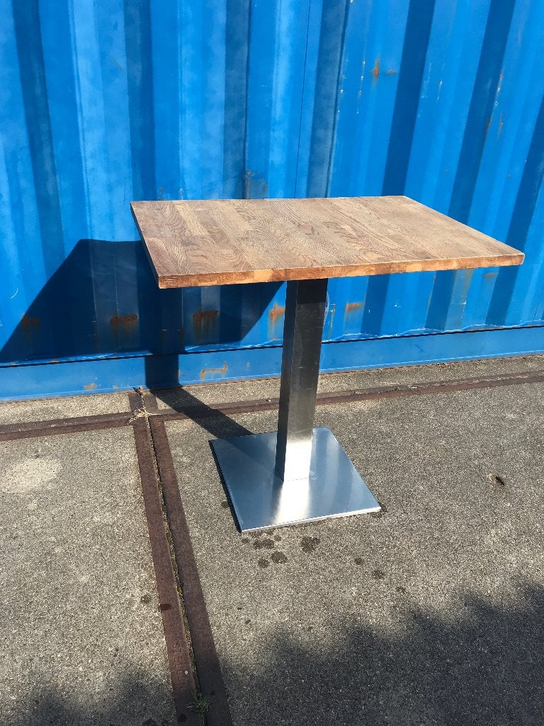 Bistro tafel met massief houten blad rvs onderstel, Ophalen, Gebruikt, 200 cm of meer, 50 tot 100 cm