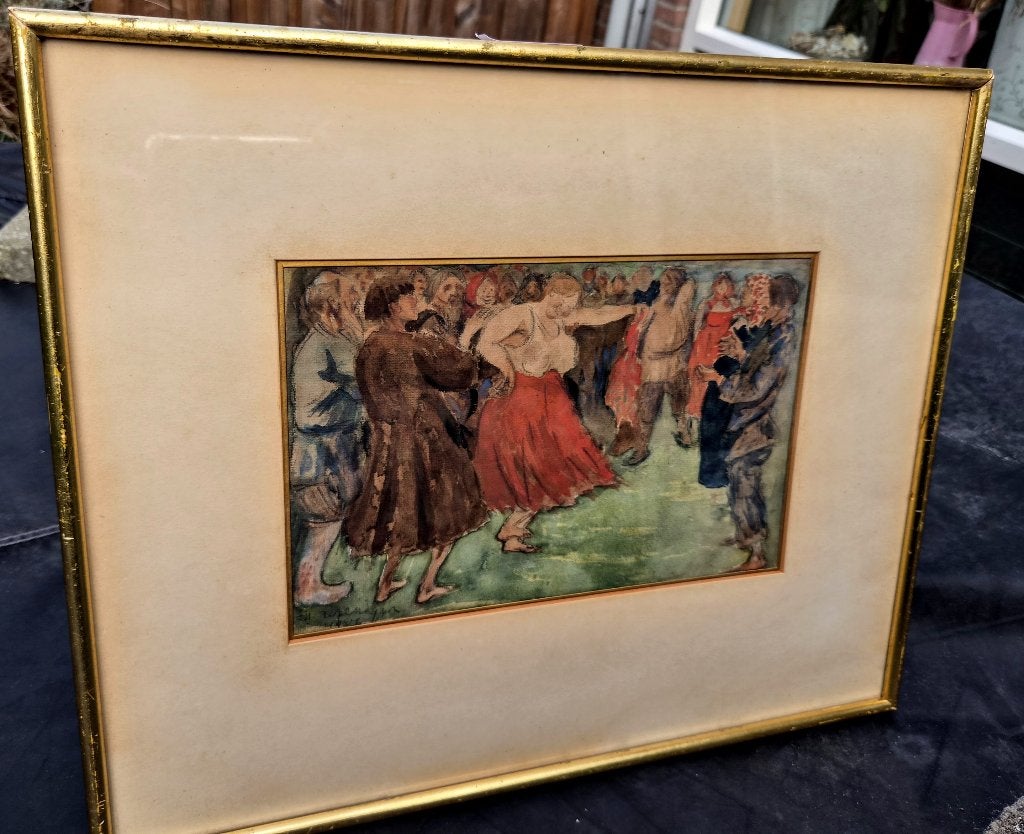 Russische School? 1906 aquarel Dansende mensen, gesign., Portret of Personen, Impressionistisch, Ophalen of Verzenden, Aquarel