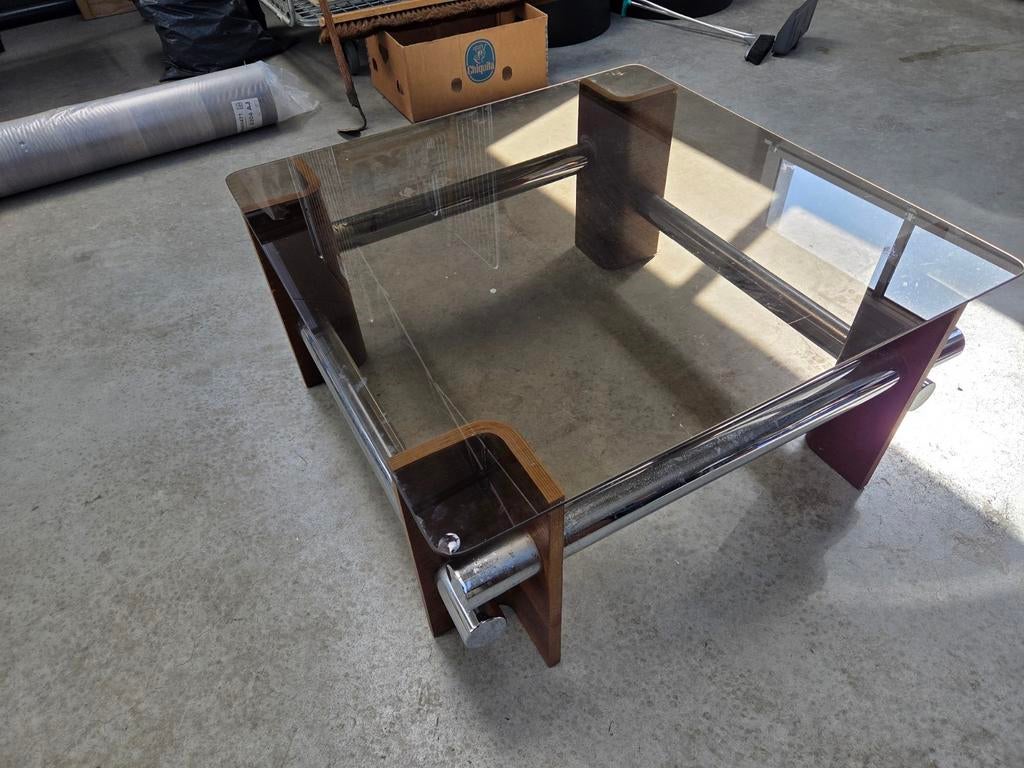 Glazen salontafel met houten en metalen onderstel , Vintage, 50 tot 100 cm, Modern, Industrieel, Vierkant, Minder dan 50 cm