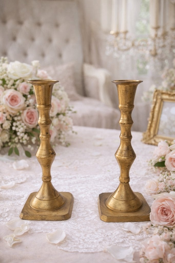 vintage 90's-set van 2 oud messing baluster kandelaars, Huis en Inrichting, Woonaccessoires | Kandelaars en Kaarsen, Ophalen of Verzenden
