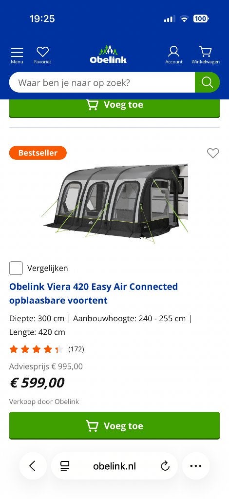Voortent caravan Obelink viera 420 easy air, Ophalen, Zo goed als nieuw, Overige merken
