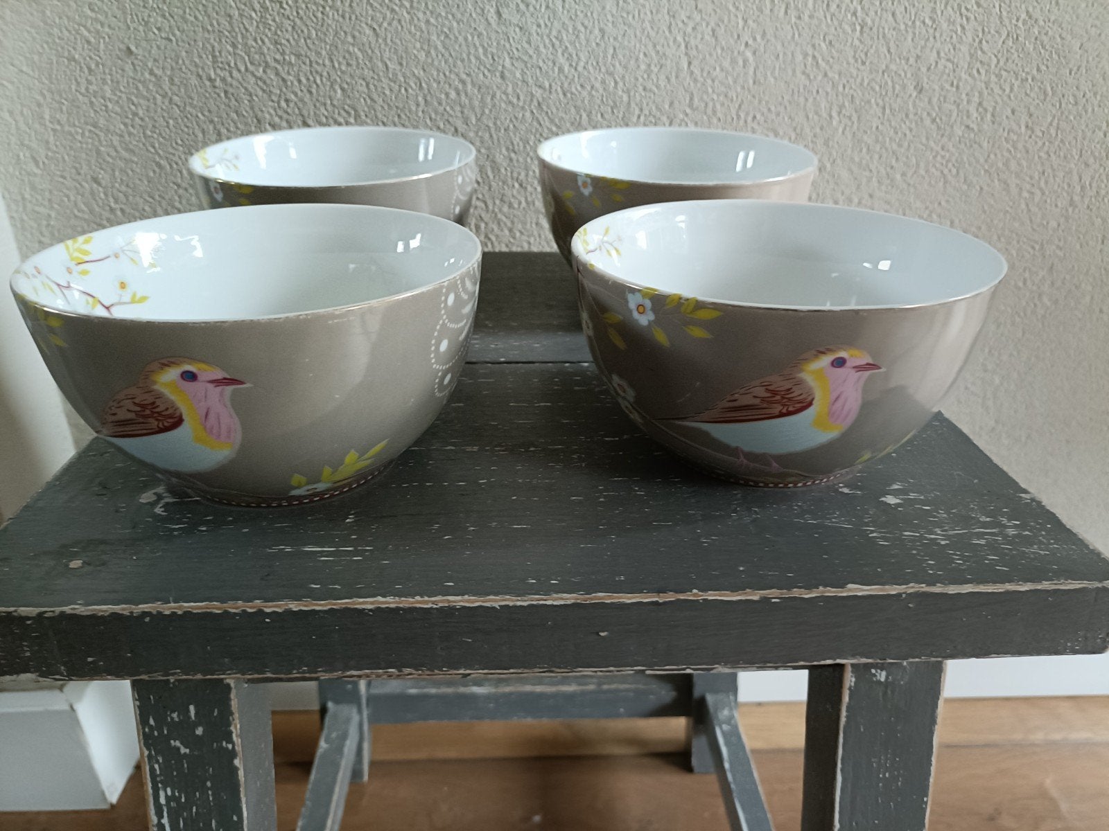 Pip Studio kommen met vogelprint - set van 4, Pip Studio, Ophalen of Verzenden, Zo goed als nieuw, Kom(men)
