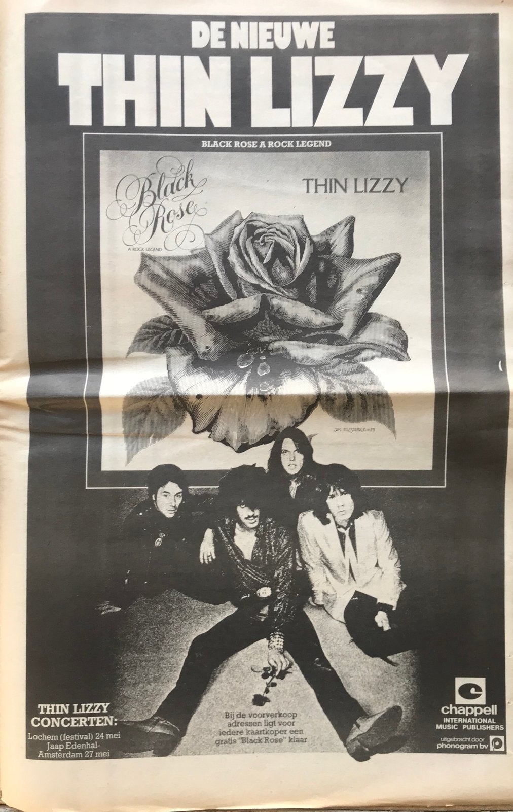 Paginagrote A3 advertentie THIN LIZZY Black Rose release, Ophalen of Verzenden, Zo goed als nieuw