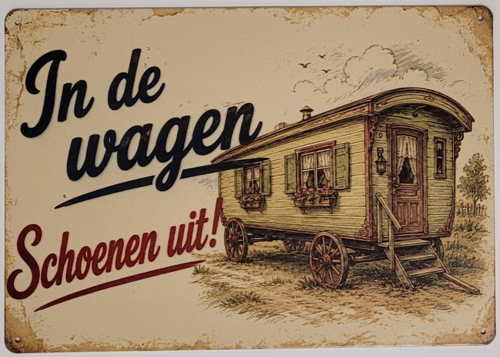 In de wagen schoenen uit woonwagen reclamebord van metaal, Info@deconoord.nl, Deco Noord, Nieuw, Ophalen of Verzenden