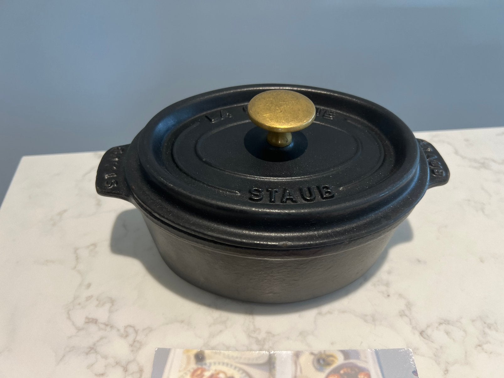 Staub la Cocotte 17 cm ovaal mat zwart, Huis en Inrichting, Gebruikt, Met handvatten, Ophalen of Verzenden, Staub