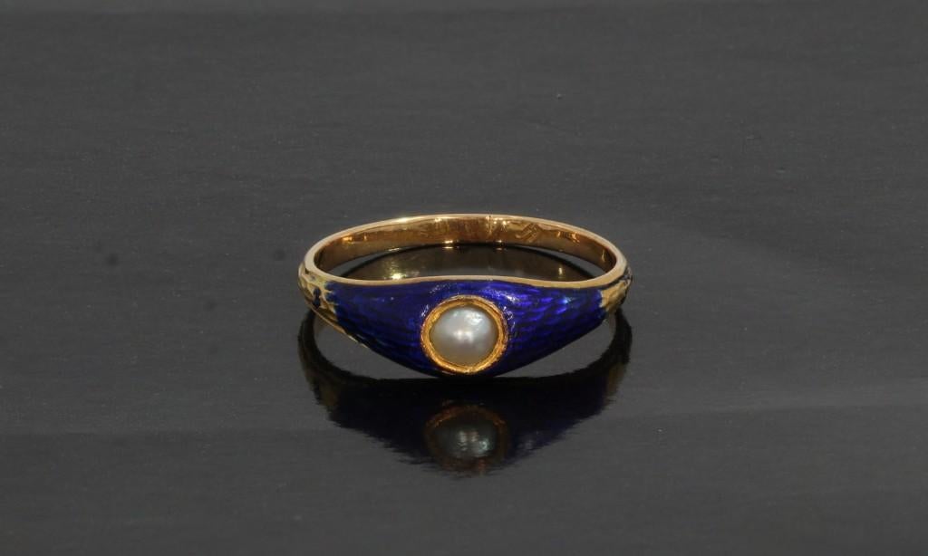 Frankrijk 1844 parel blauw emaille 18k ring goud antiek dame, Verzenden, Goud, Ring, Met edelsteen