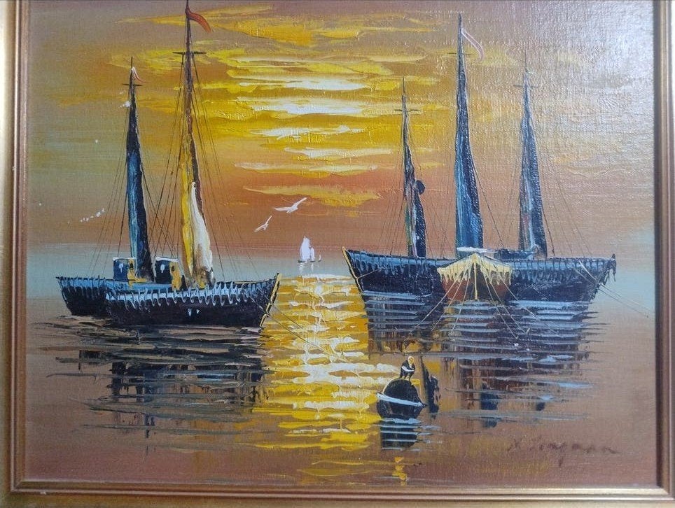 Zeegezicht N. Jongman - Paletmes op board - Mid-century, Antiek en Kunst, Ophalen of Verzenden