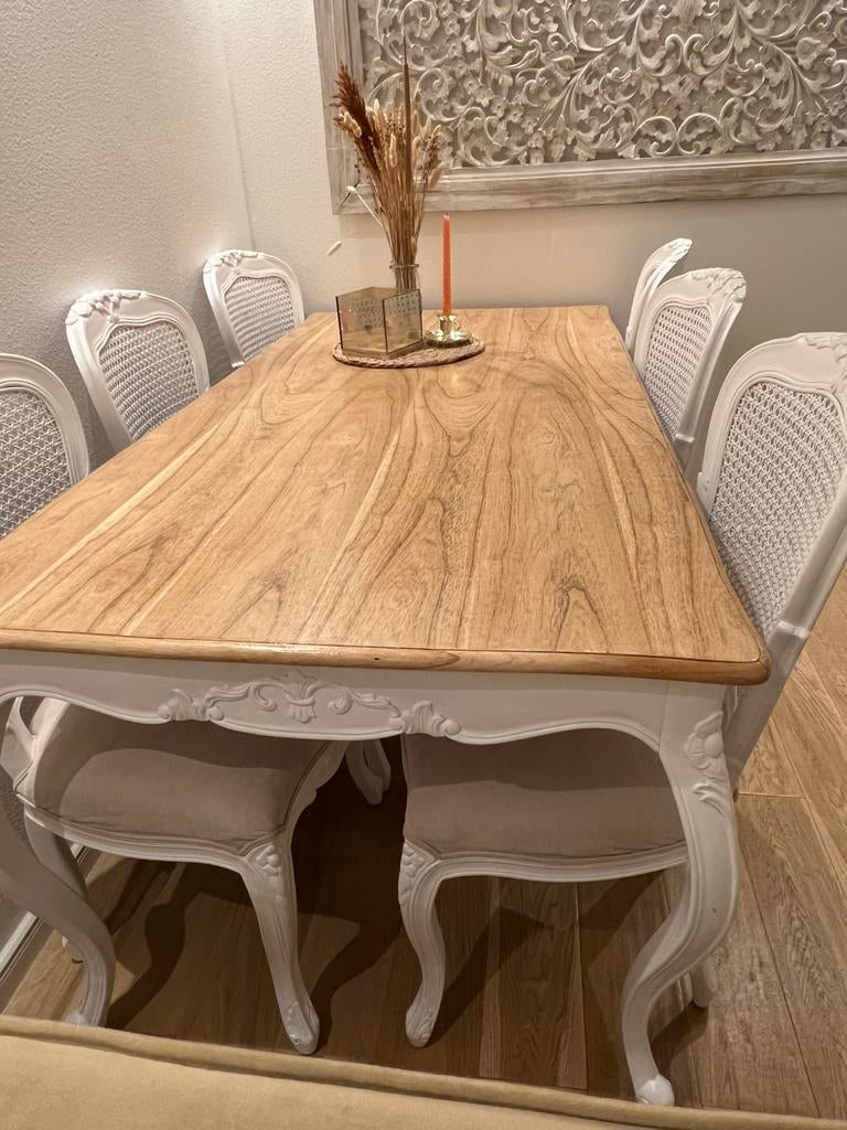 Brocante eettafel met 6 stoelen en salontafel, Huis en Inrichting, Complete eetkamers, Ophalen, Zo goed als nieuw, 4 tot 6 stoelen