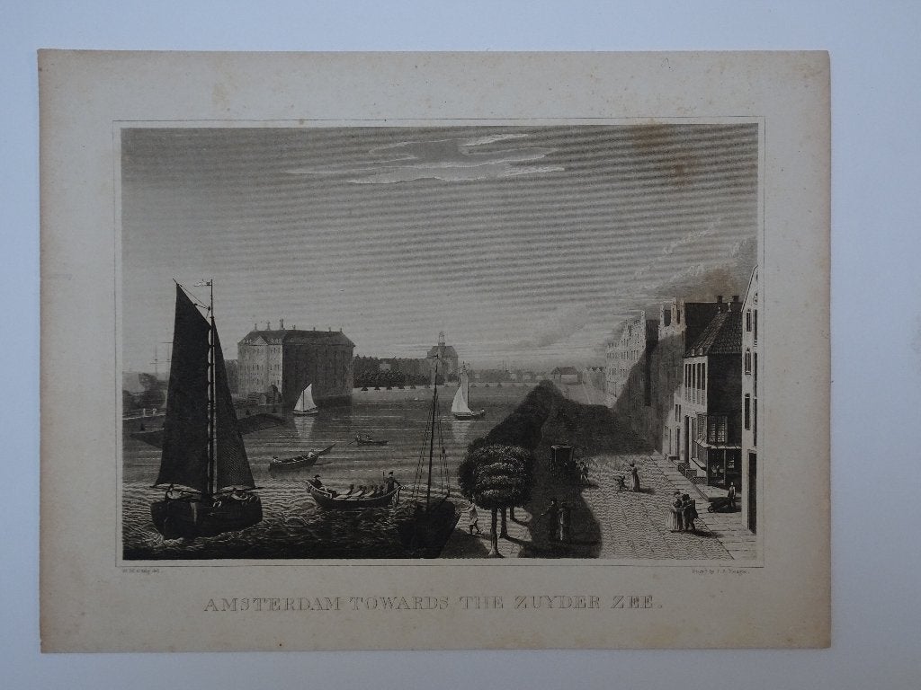 gravure Amsterdam met zicht op de Zuiderzee JB Neagle 1828, Ophalen of Verzenden, Origineel