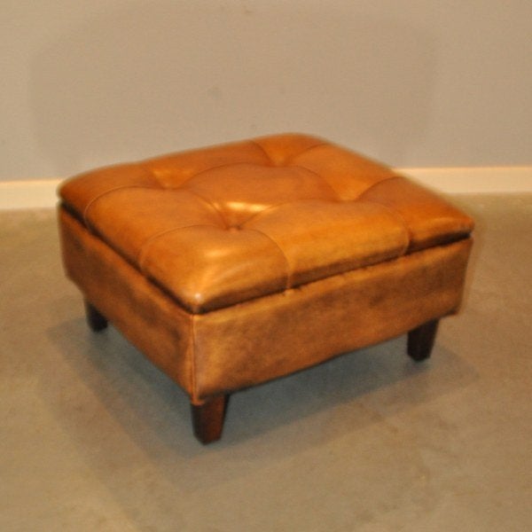Schapenleren hocker, Ophalen, Gebruikt, Vierkant, Leer