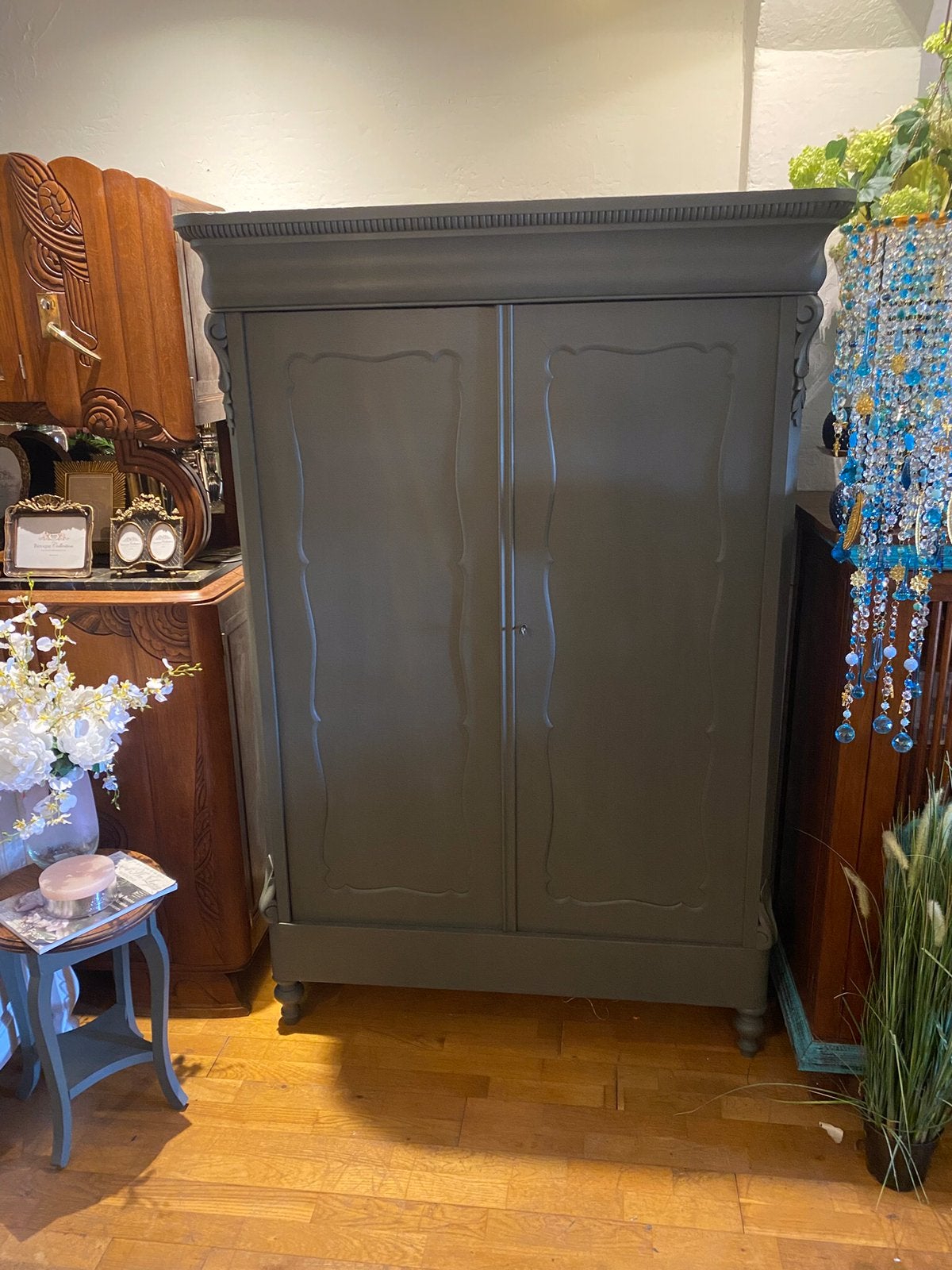 Antieke Biedermeier kast, meidenkast, linnenkast, VdlM, Ophalen, Demontabel, antiek, vintage, kinderkamer, olijfgroen, 100 tot 150 cm