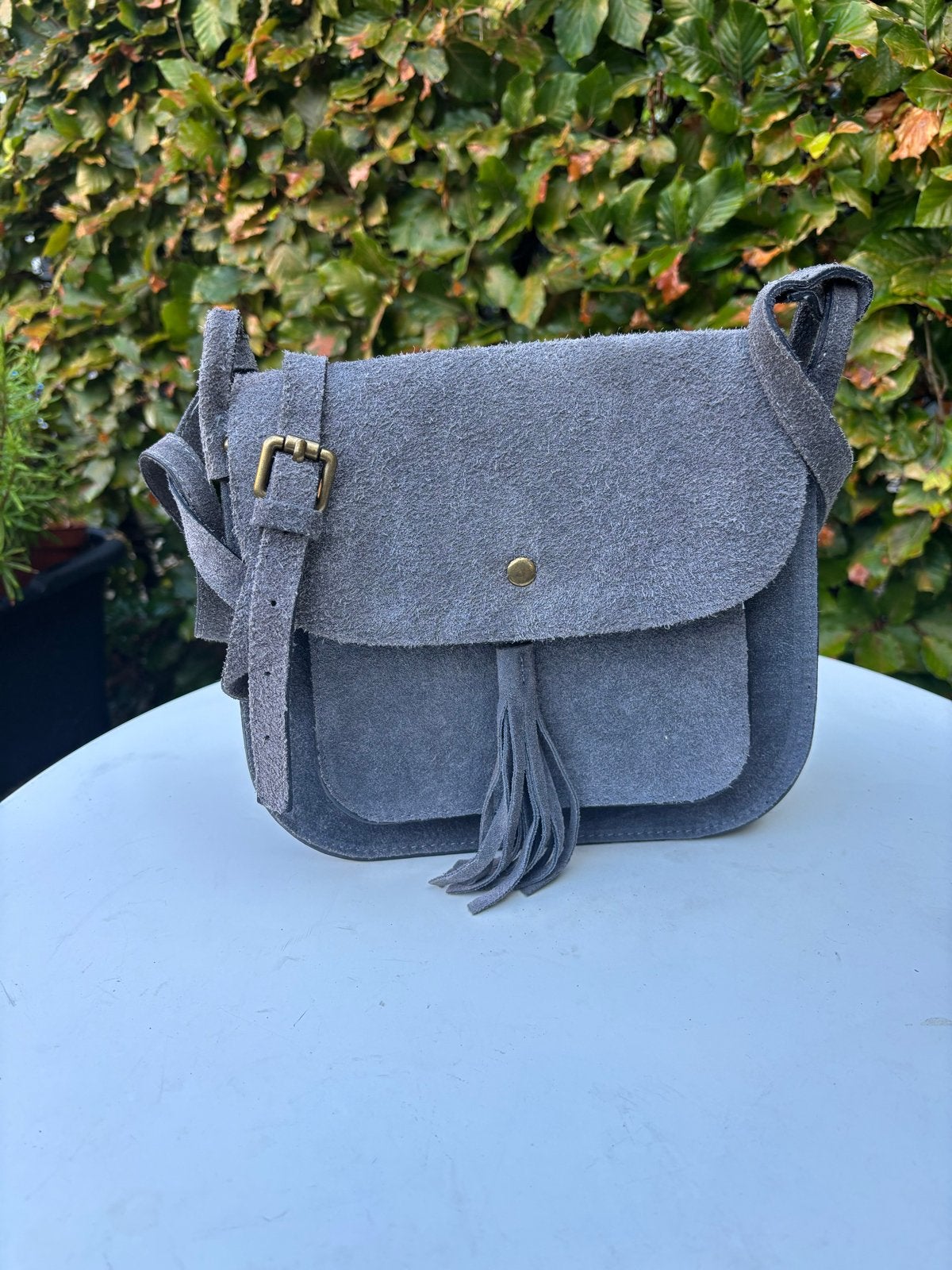 Suède tas Made in Italy - Grijs schoudertasje, Ophalen of Verzenden, Gebruikt, Grijs, Schoudertasje